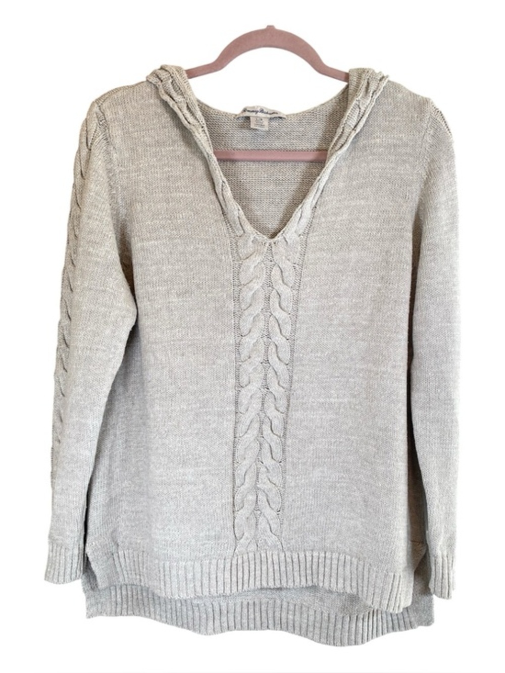 TOMMY BAHAMA Coastal Hooded V-Neck Sweater Cable Knit Linen Cotton L